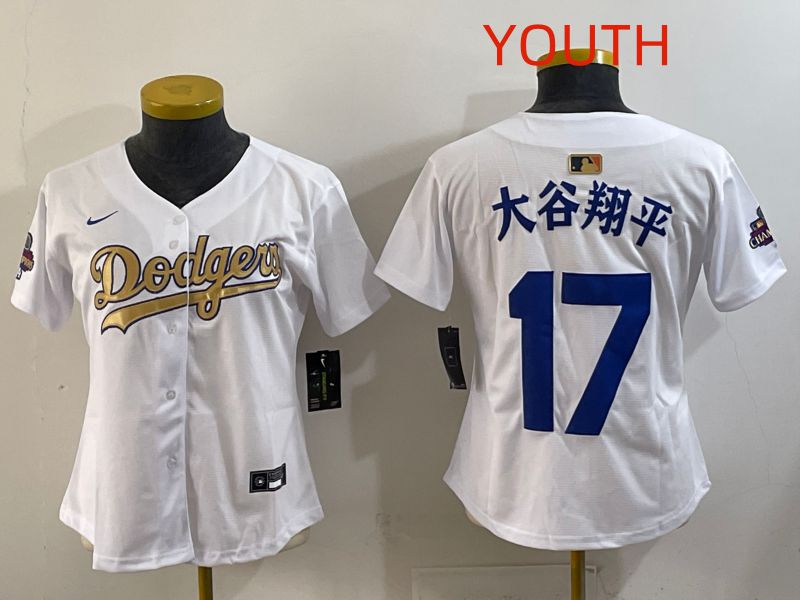 Youth Los Angeles Dodgers #17 Ohtani White Champion edition Nike MLB Jersey style 001->youth mlb jersey->Youth Jersey